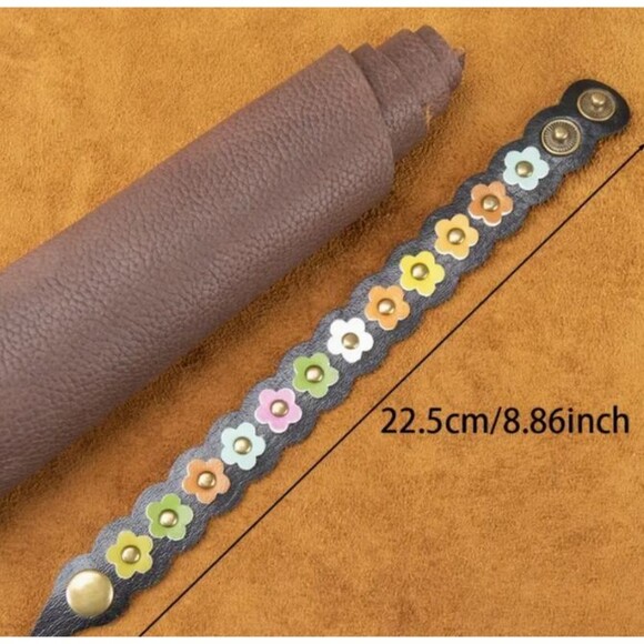 Black Boho FLOWER Faux leather Snap Bracelet Adjustable 8.9" - Picture 5 of 8